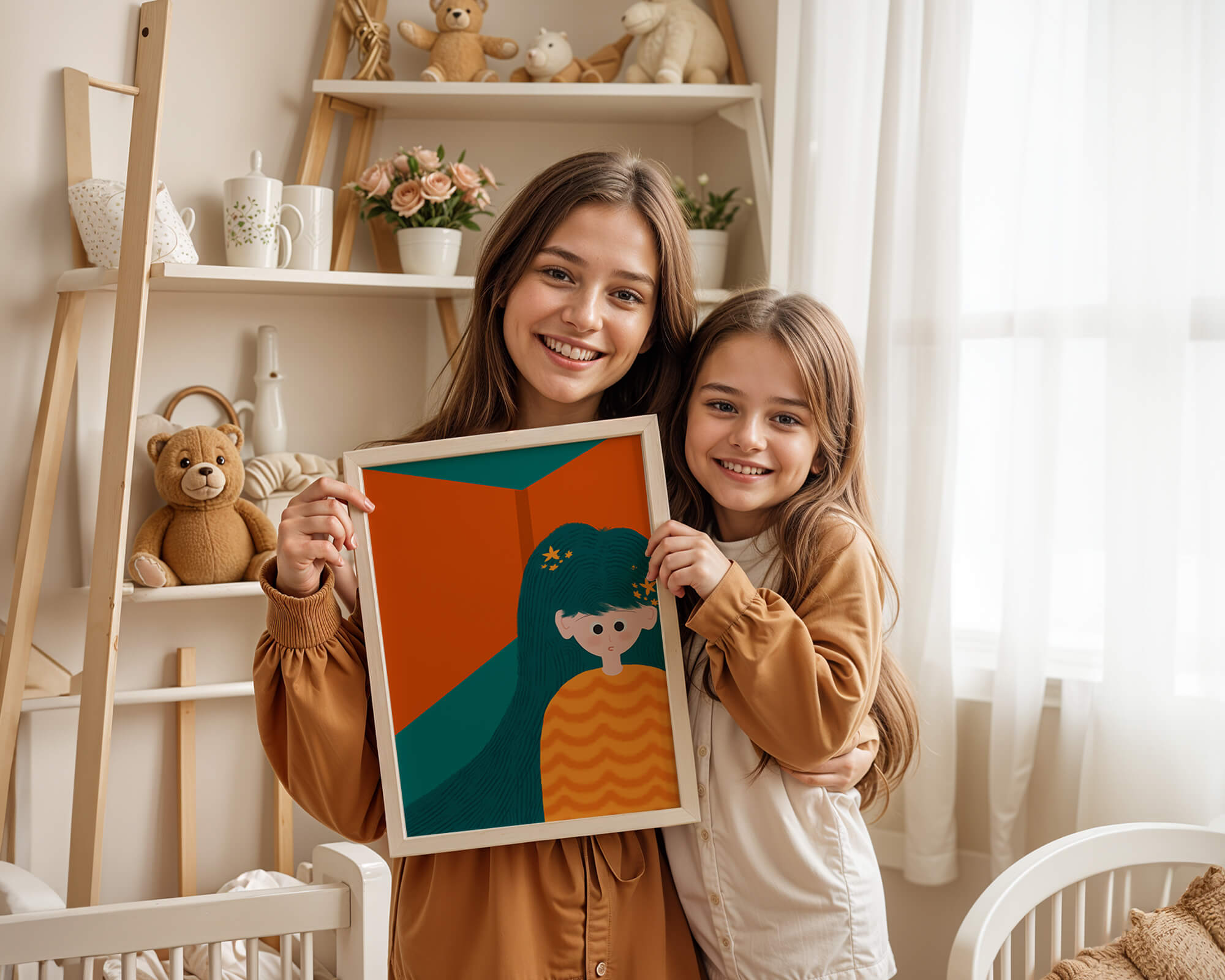 Colorful abstract illustration of a character with teal hair and orange background