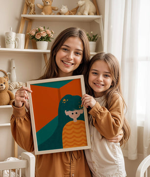Colorful abstract illustration of a character with teal hair and orange background