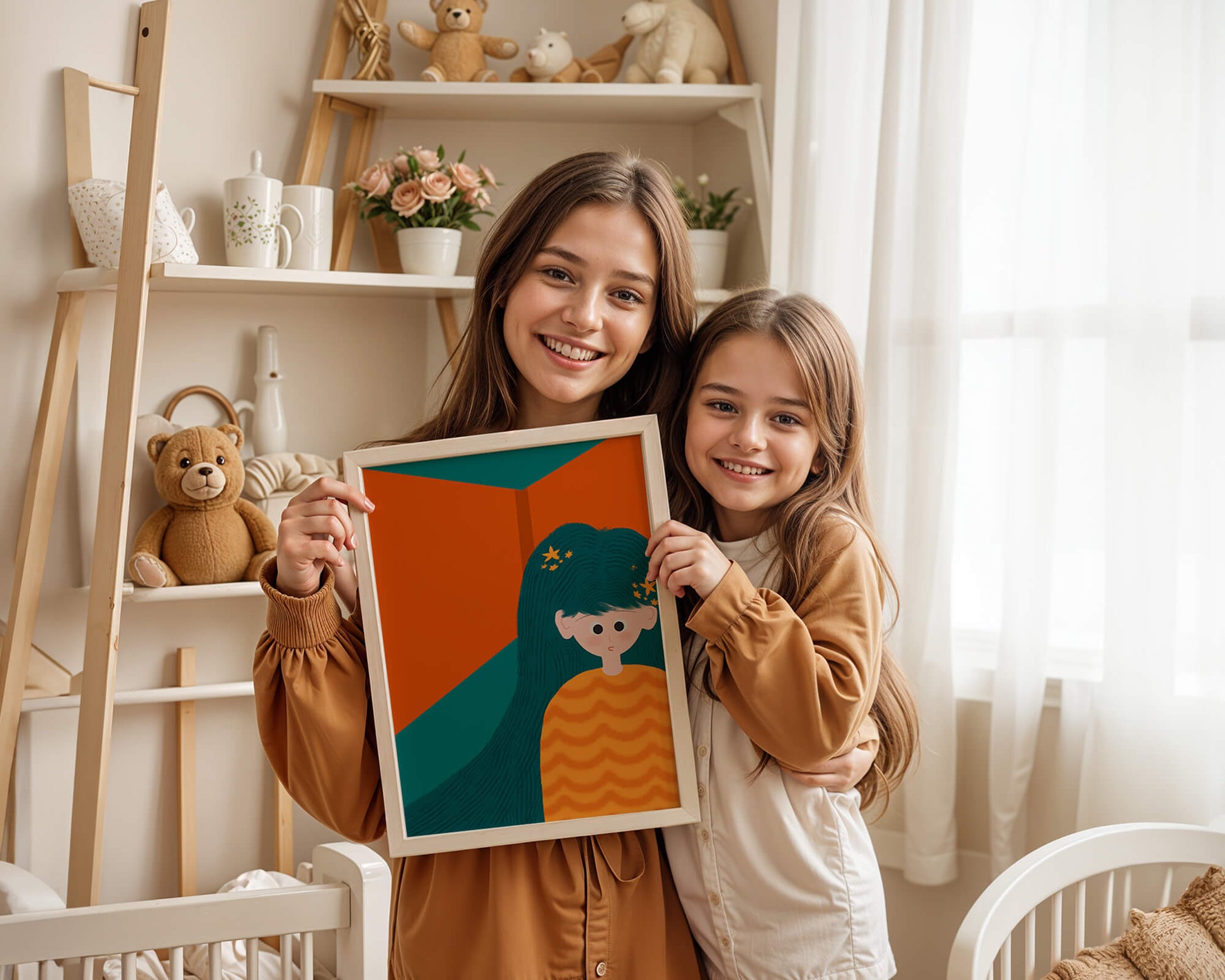 Colorful abstract illustration of a character with teal hair and orange background