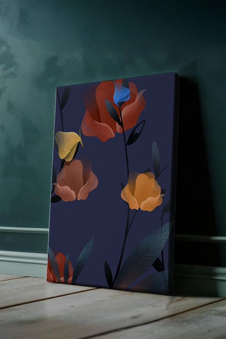 Abstract Floral Illustration with Colorful Flowers on Dark Background