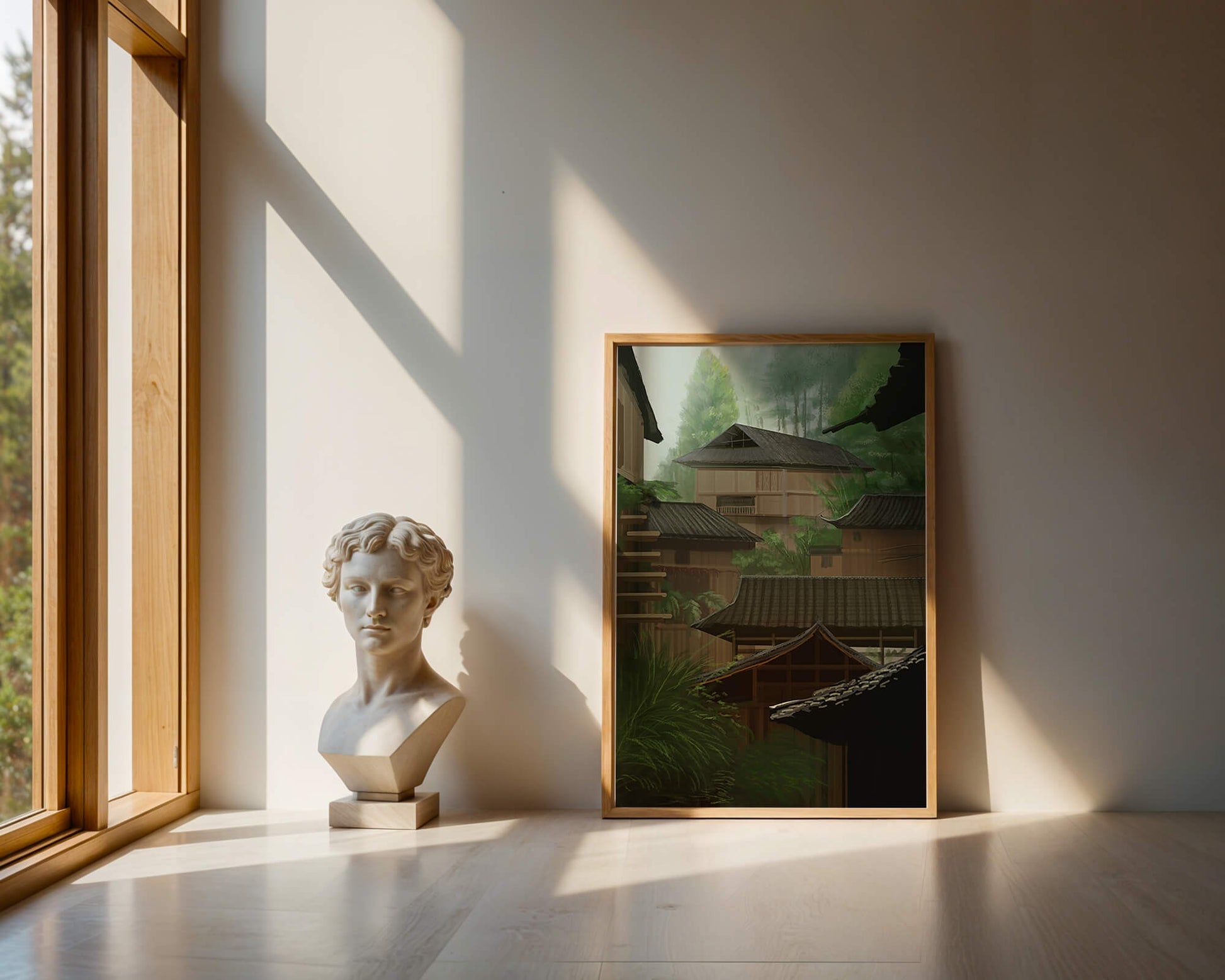 Traditional Japanese Architectural Scene with Lush Greenery