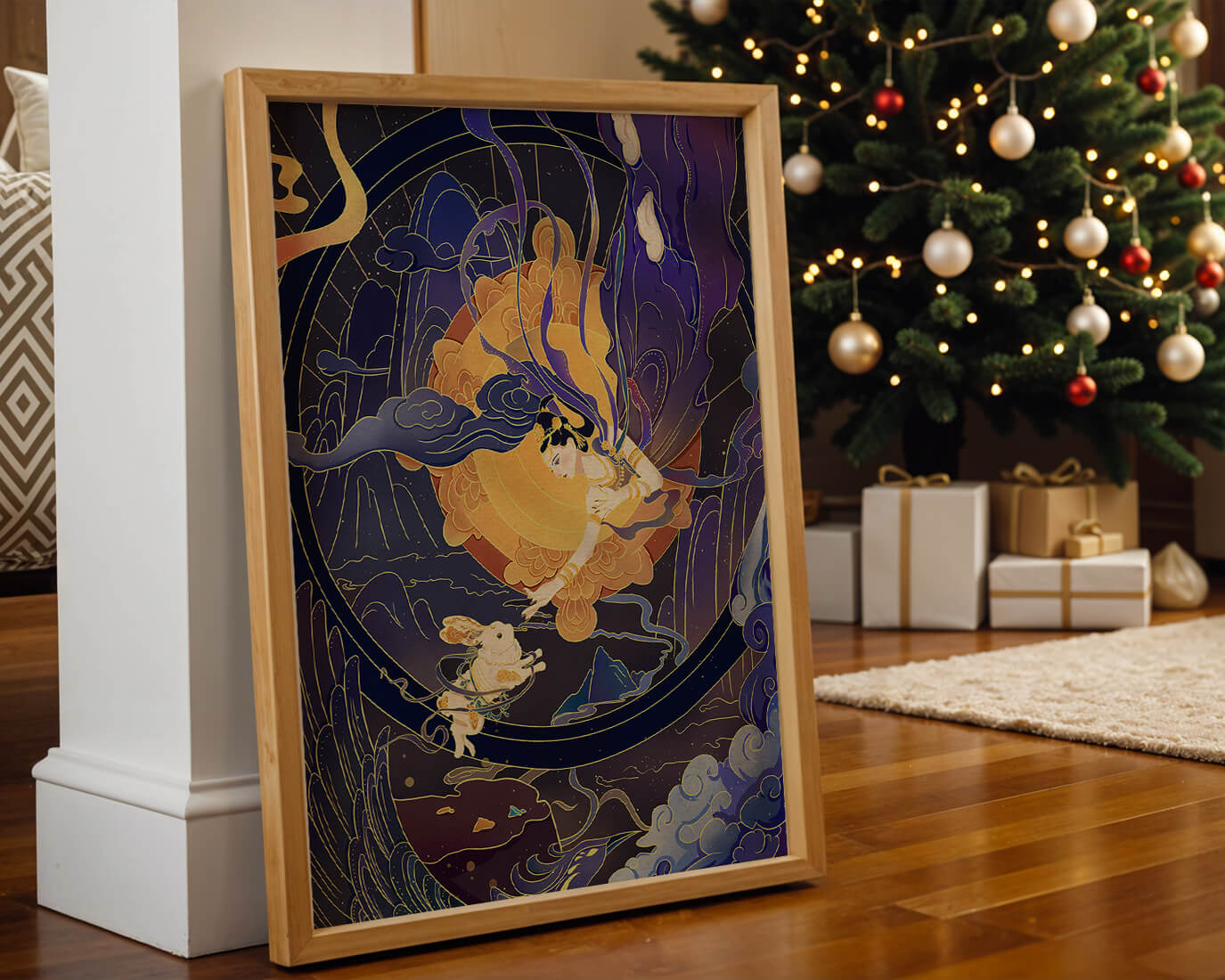 Elegant goddess reaching towards a celestial rabbit in a cosmic scene