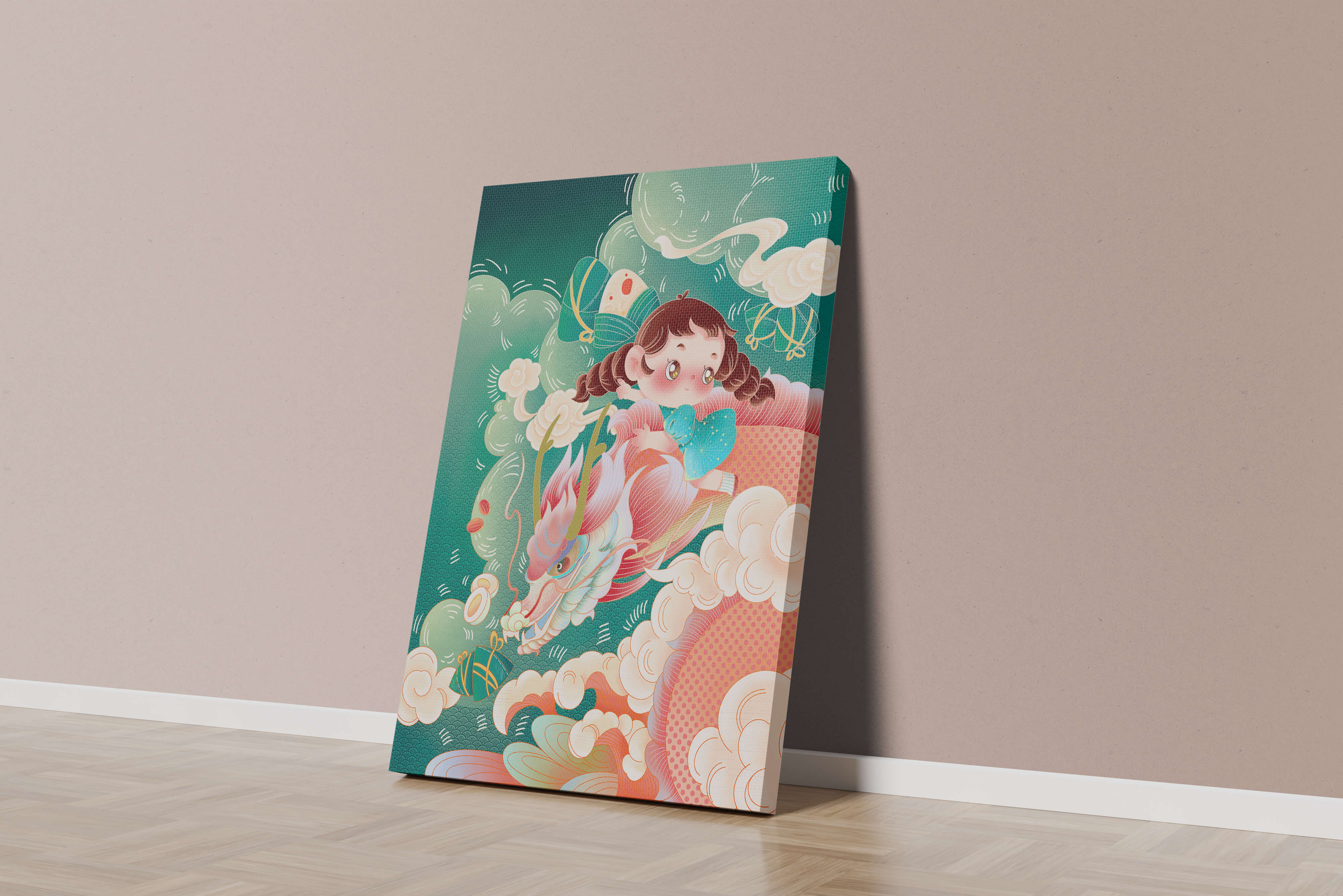 Whimsical scene of a girl riding a dragon through clouds