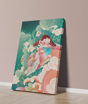 Whimsical scene of a girl riding a dragon through clouds