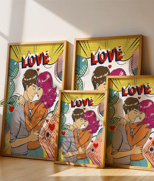Ilustración de pop art romántico con pareja abrazándose y texto de amor