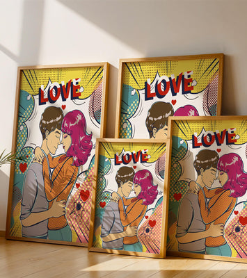 Romantic Pop Art Illustration with Embracing Couple and Love Text