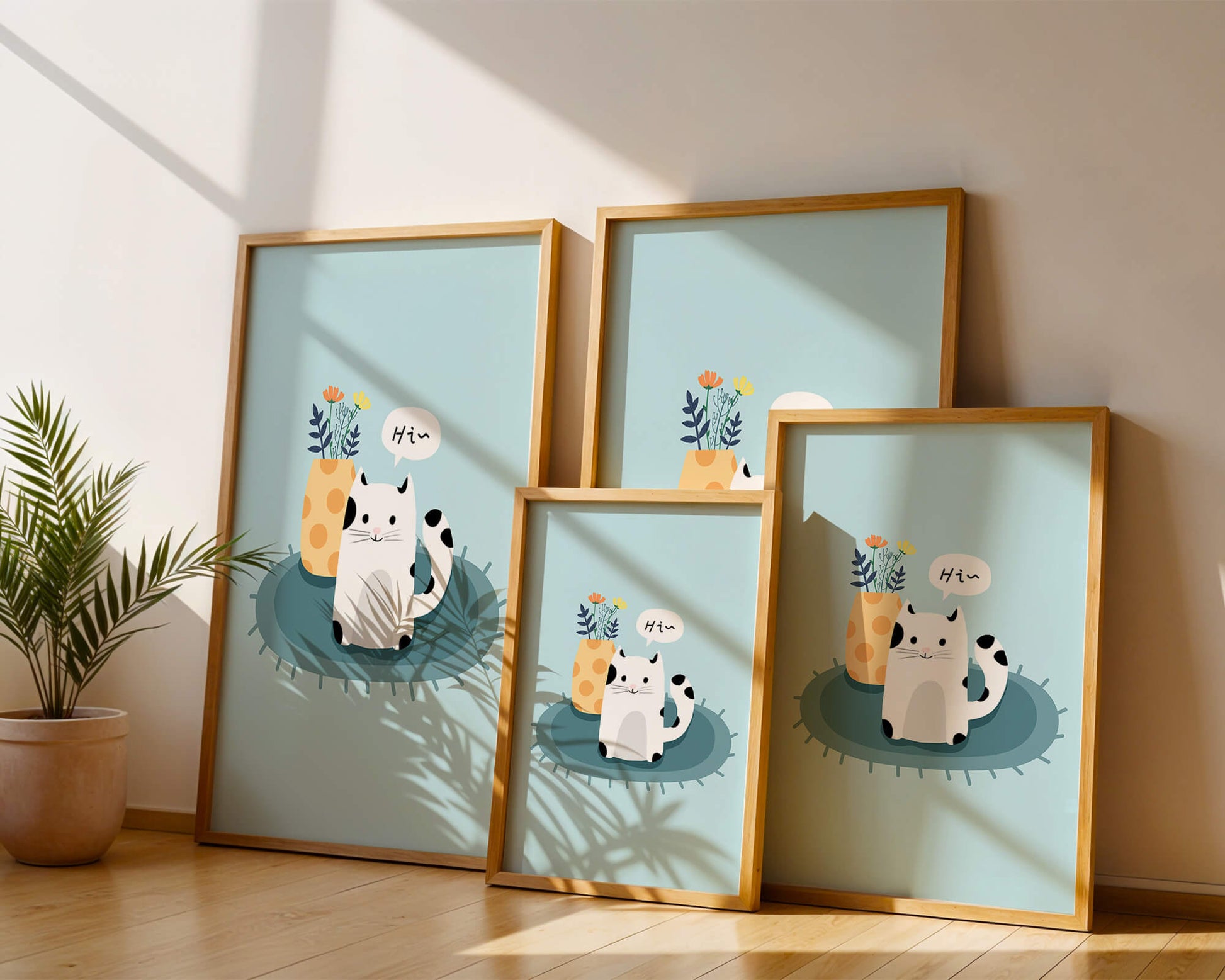 Cute illustration of a cat and flowers on a rug with a speech bubble