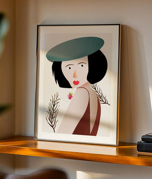 Mujer con sombrero azul y flor en estilo arte moderno