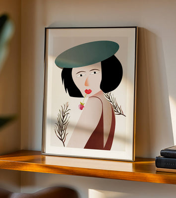 Woman with Blue Hat and Flower in Modern Art Style