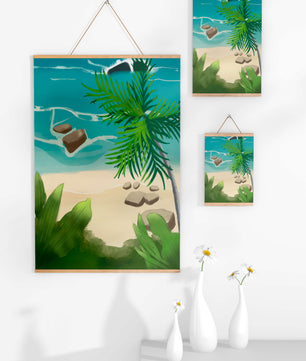 Serene tropical beach scene with lush greenery and calm waves