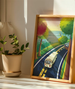 Scenic Road Trip with Vibrant Trees and Sunset