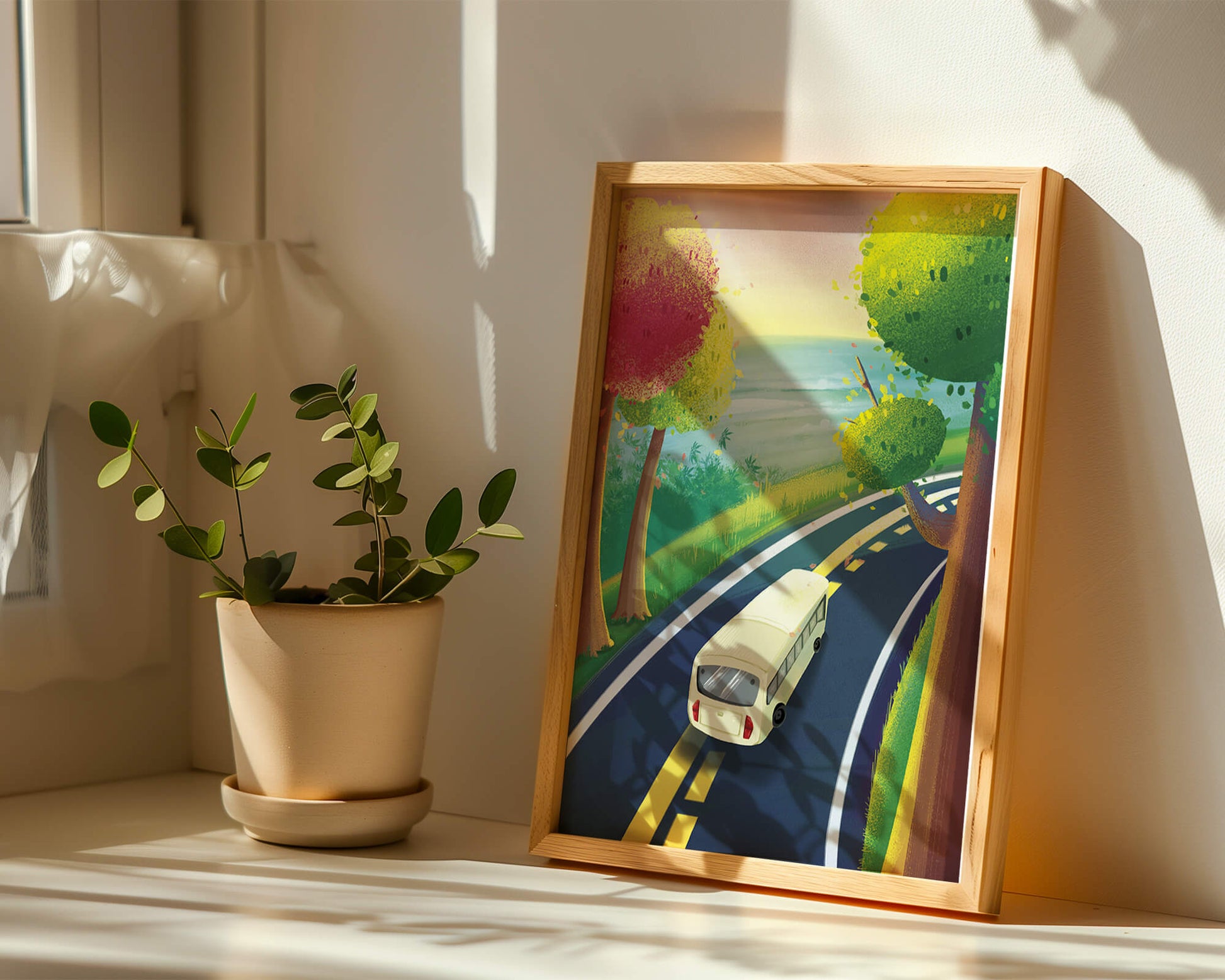 Scenic Road Trip with Vibrant Trees and Sunset