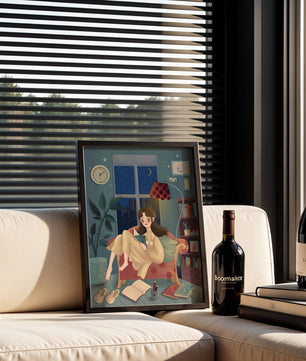 Cozy Nighttime Reading in a Living Room with Moonlit Window