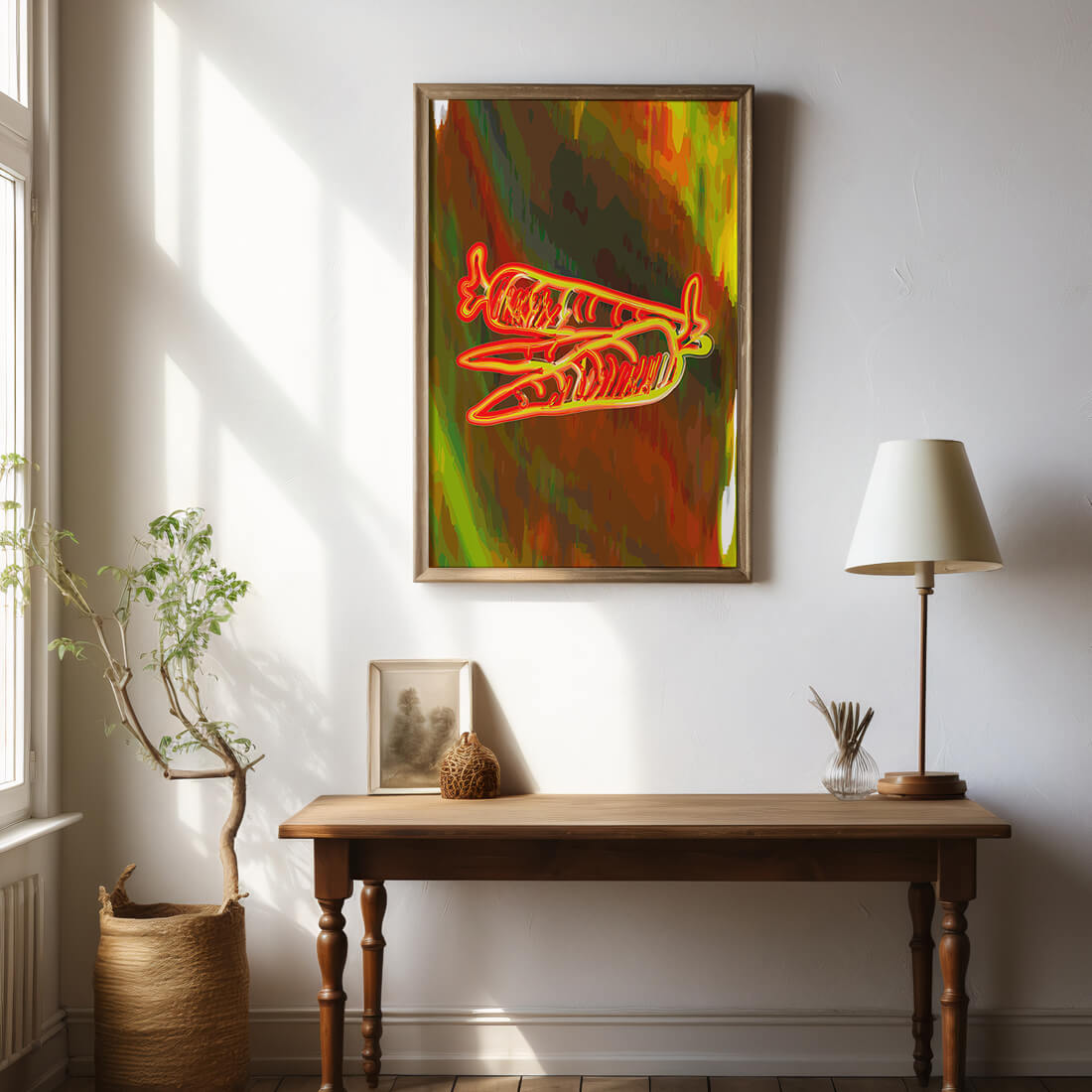 Vibrant abstract carrot illustration with dynamic red and orange patterns