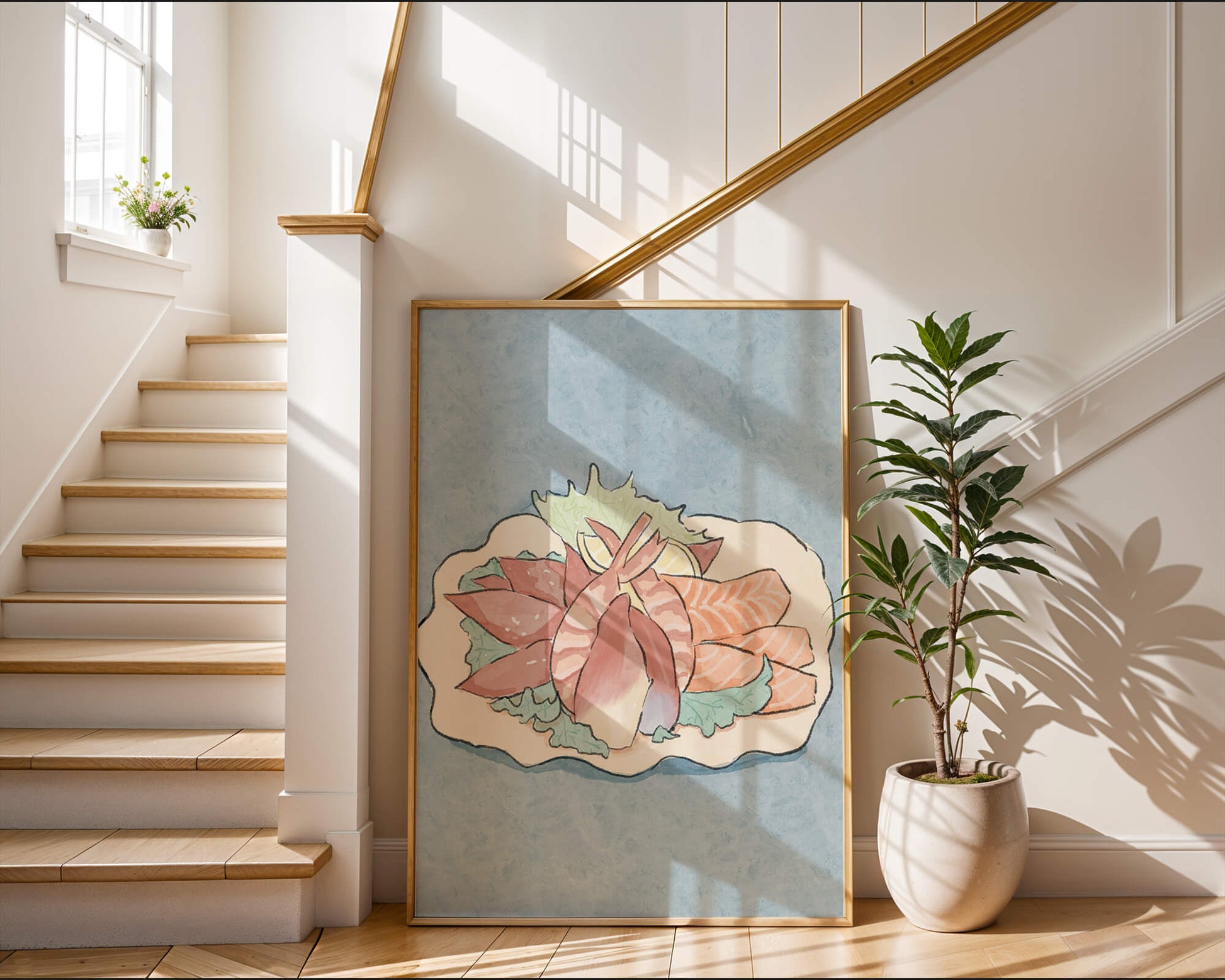Illustration of seafood platter with shrimp and salmon on a decorative plate