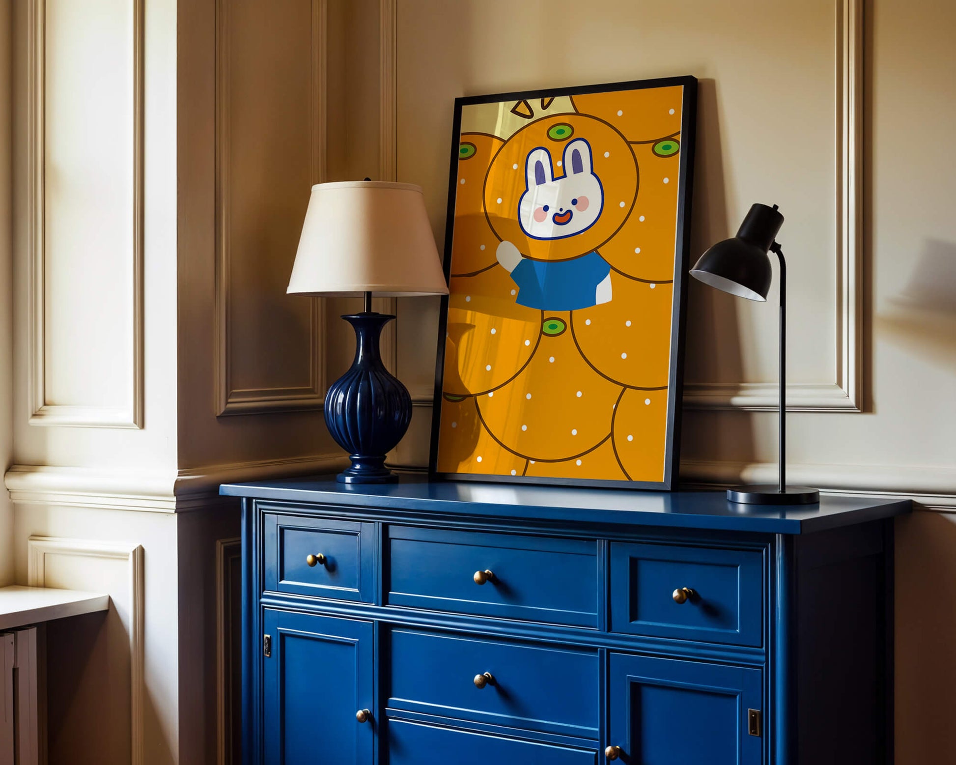 Whimsical illustration of a bunny surrounded by oranges