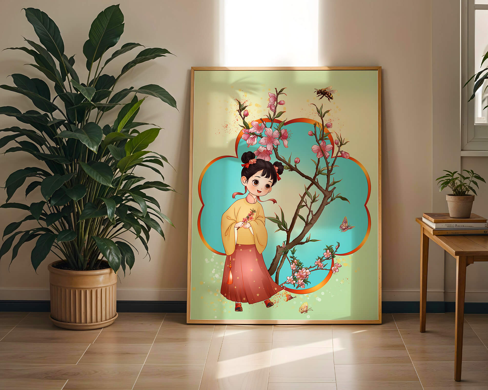 Illustration of a girl with cherry blossoms and butterflies