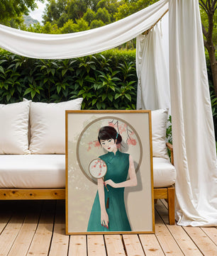 Elegante Illustration einer Frau in traditioneller Kleidung mit einem Fächer mit Kirschblüten