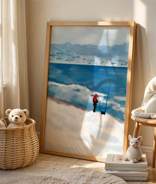 Winterlandschaft mit Person in roter Jacke am Meer
