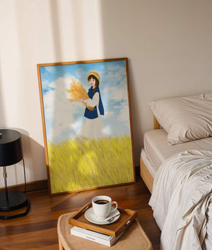 Young girl in a wheat field on a sunny day illustration