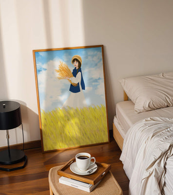 Young girl in a wheat field on a sunny day illustration