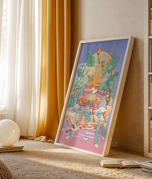 Illustration pittoresque d’un temple chinois avec des lanternes flottantes et un paysage serein