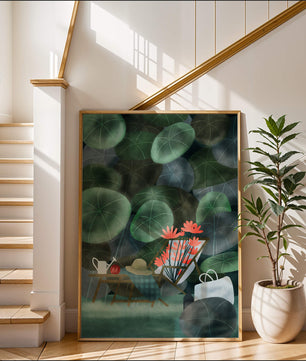 Garden Scene with Flowers, Table, and Chair in a Leafy Backdrop