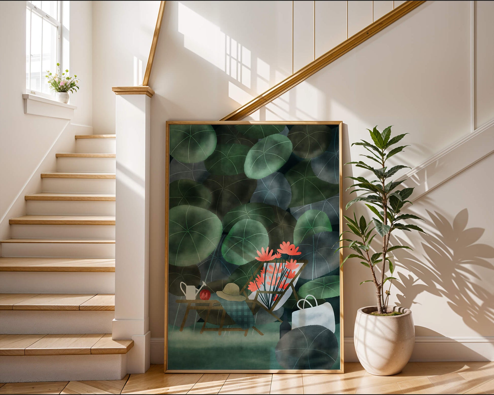 Garden Scene with Flowers, Table, and Chair in a Leafy Backdrop