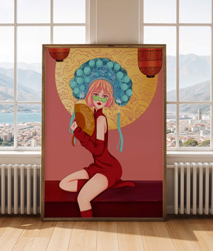 Elegante Illustration einer Frau in traditioneller Kleidung mit einem Fächer