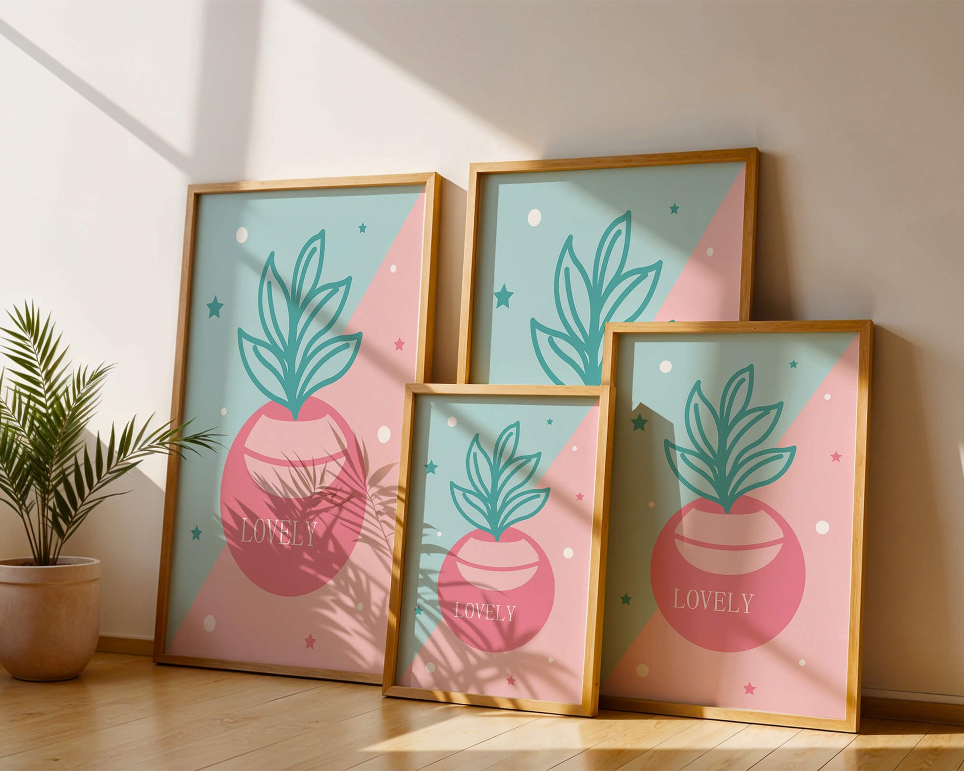 Playful pastel illustration with plant motif and stars