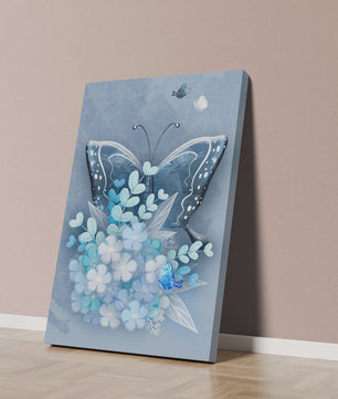 Elegant butterfly with blue floral arrangement artwork