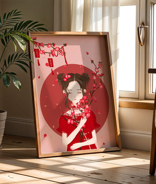 Bezaubernde Illustration eines Mädchens mit Blumen und schwebenden Blütenblättern