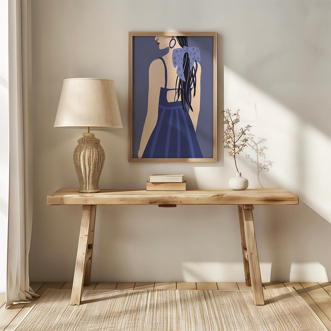 Stilvolle Illustration einer Frau mit gepunkteter Schleife und blauem Kleid