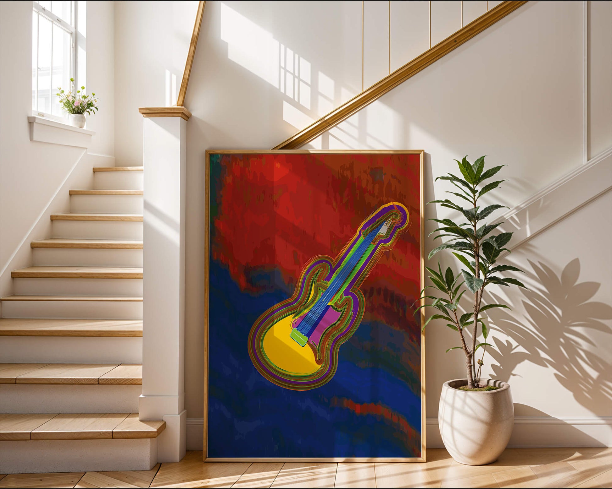 Vibrant abstract guitar illustration with bold colors