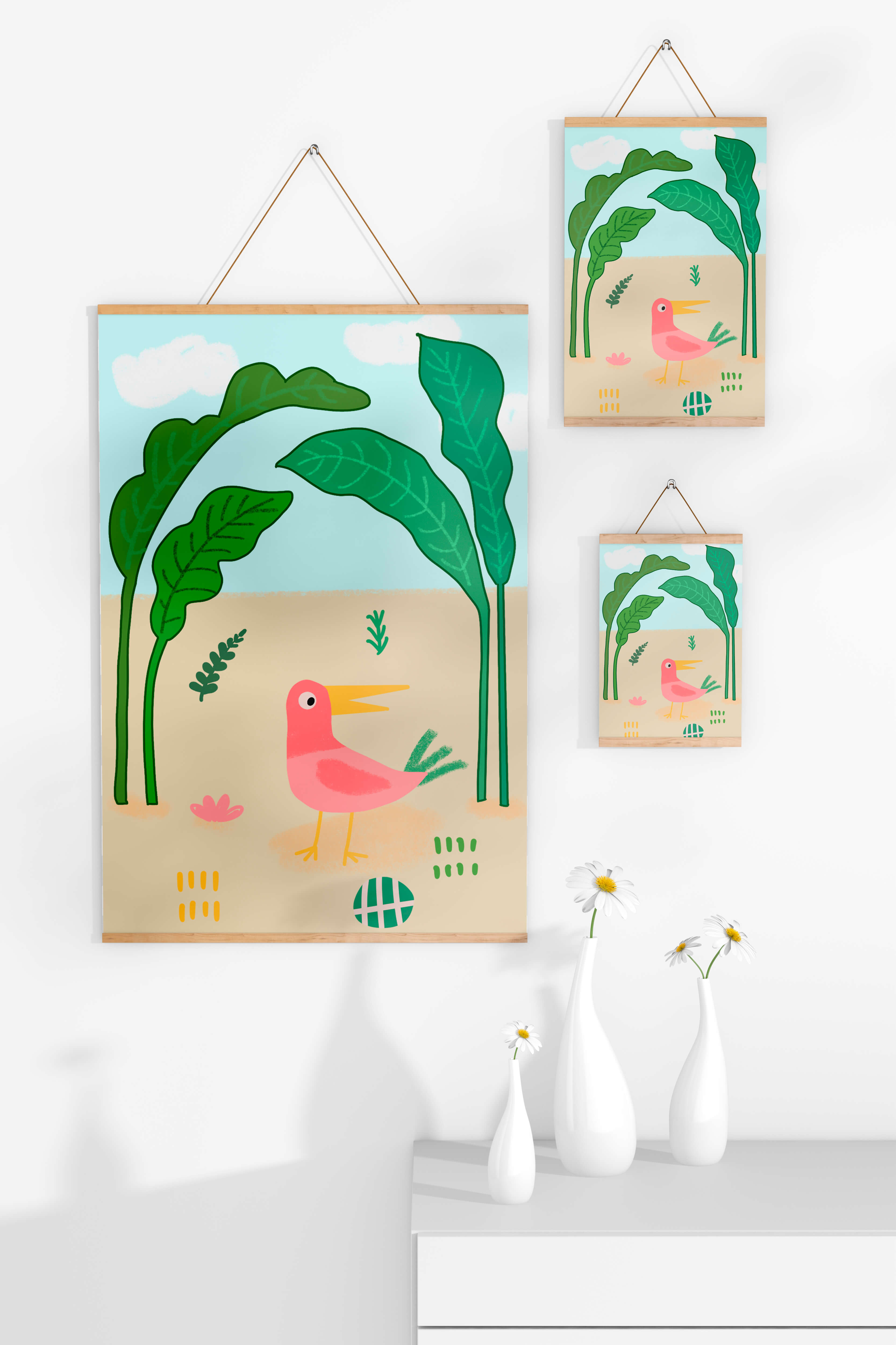 Colorful bird with large leaves and playful design