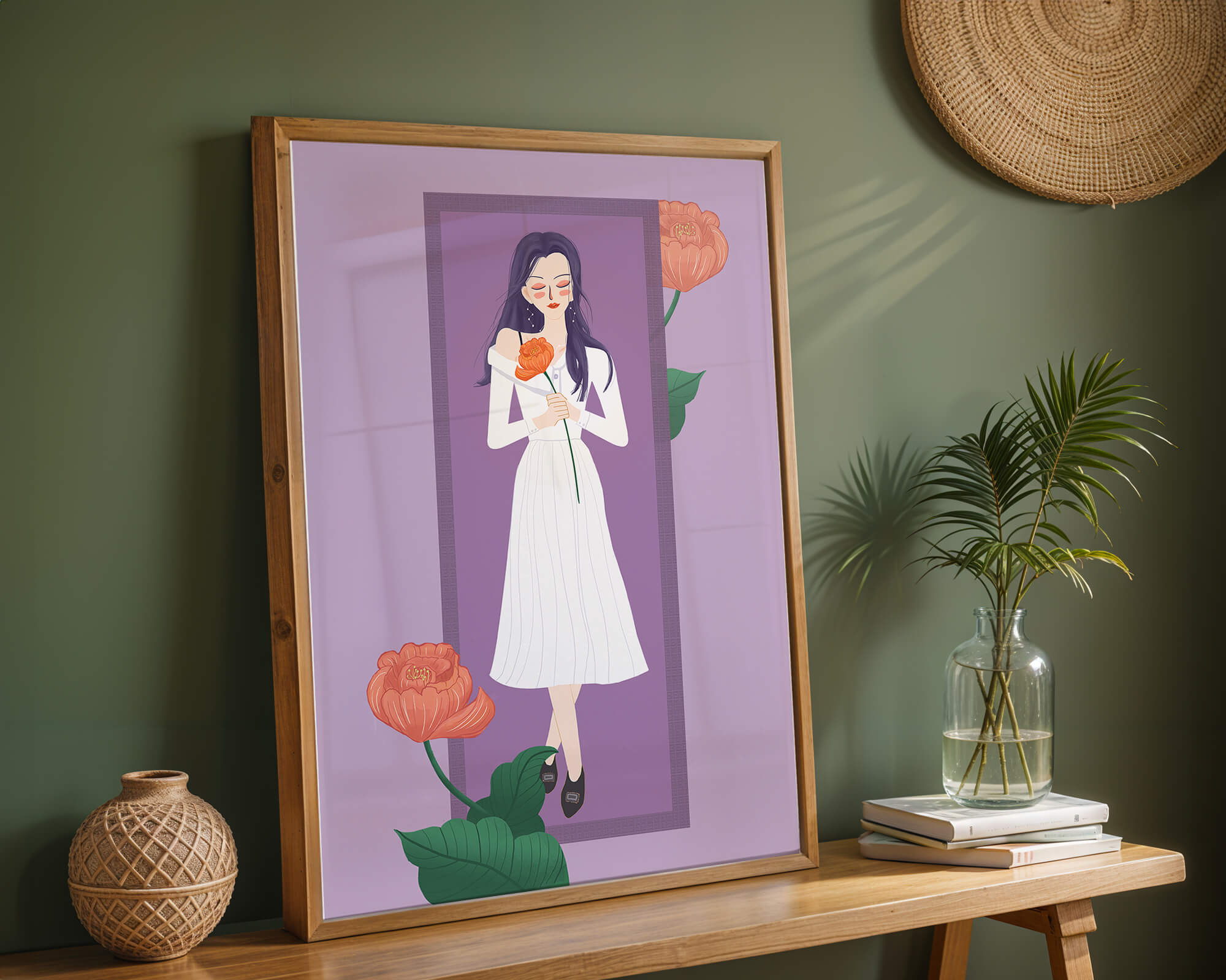 Illustration of a woman holding a flower in a serene pose