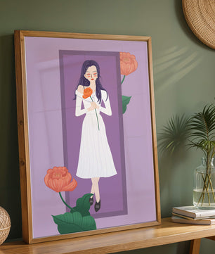 Illustration of a woman holding a flower in a serene pose