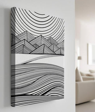 Abstract Black and White Geometric Landscape with Line Art