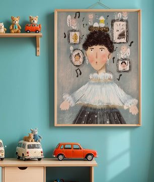 Retrato ilustrado caprichoso con elementos musicales y dorados