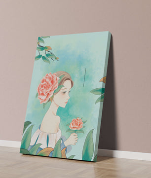 Ilustración de una mujer con una flor y texto que dice "Hola, julio"