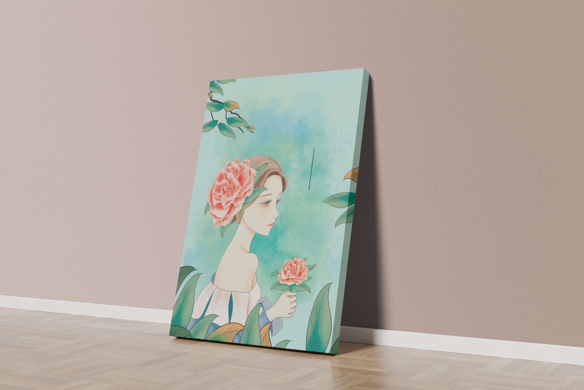 Illustration of a woman with a flower and text saying "Hello, July"