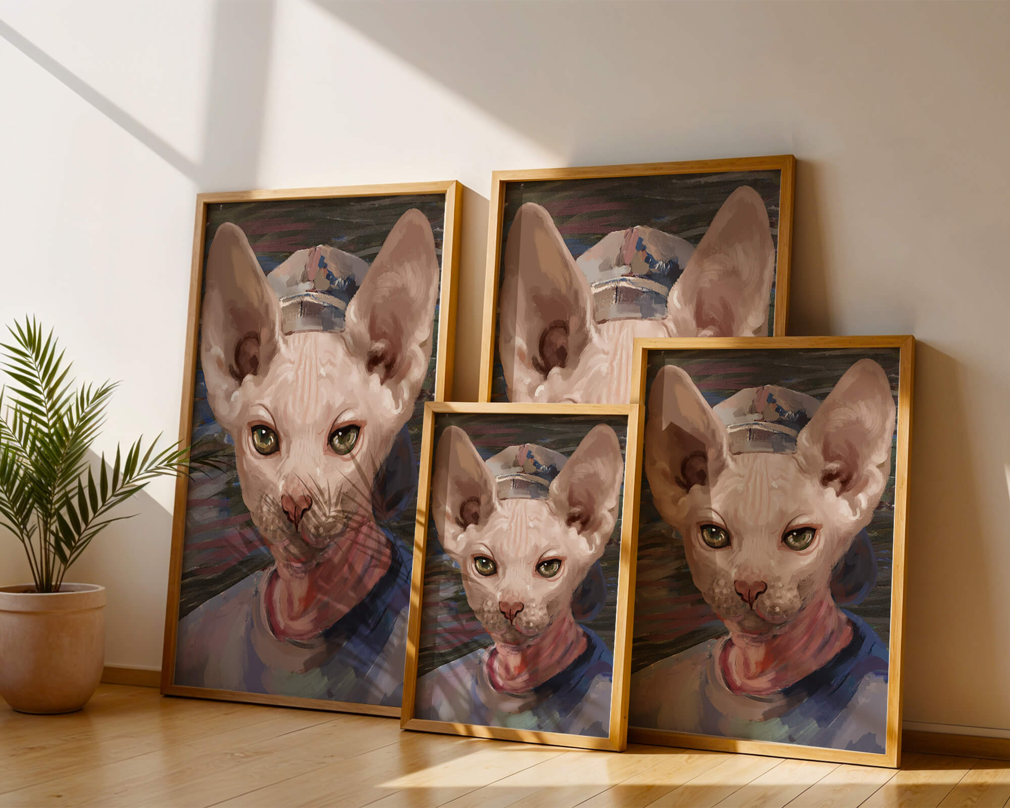Painted portrait of a sphynx cat wearing a casual cap