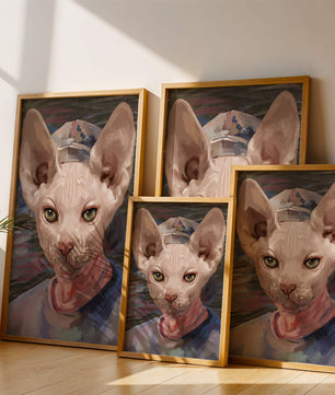 Painted portrait of a sphynx cat wearing a casual cap