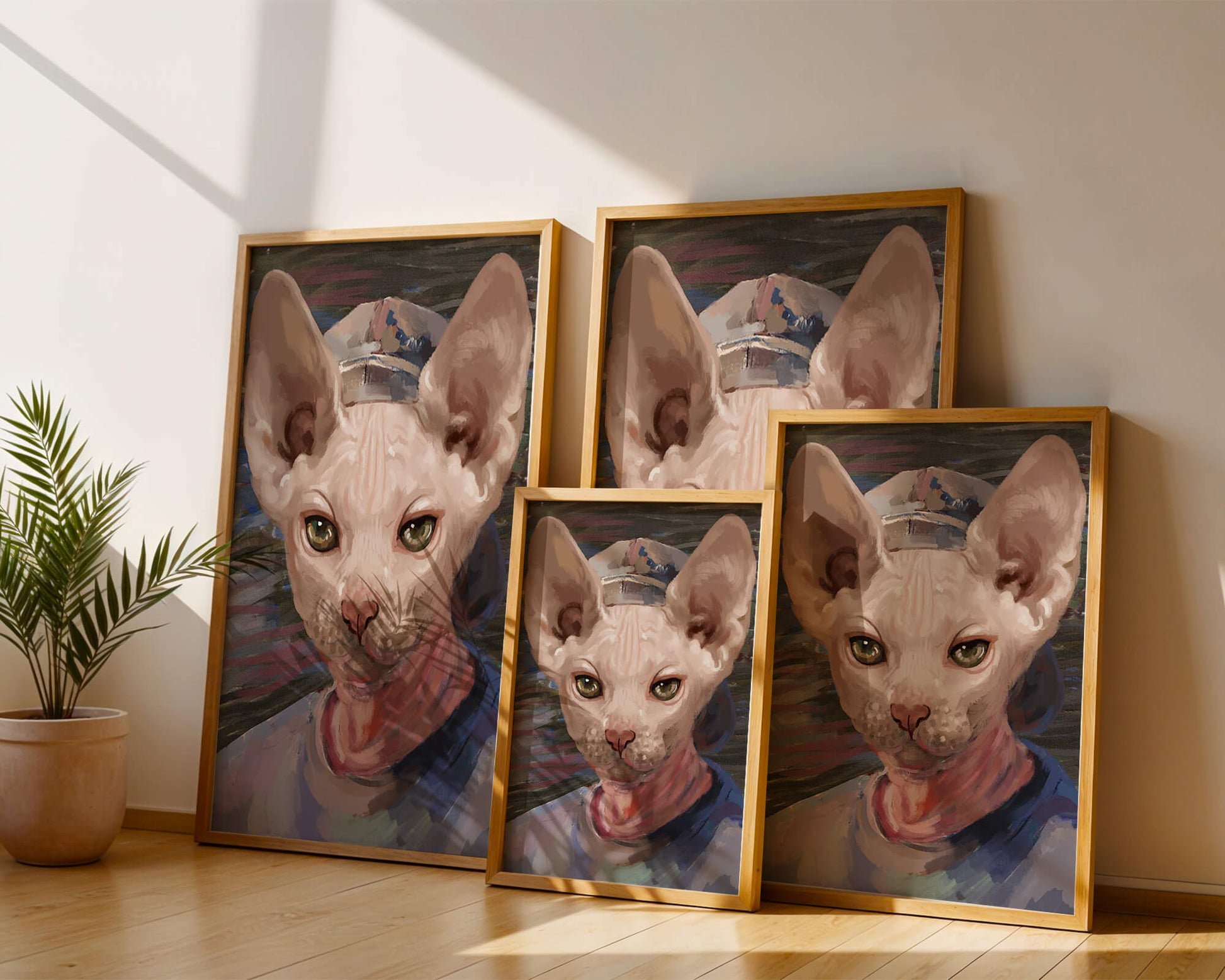 Painted portrait of a sphynx cat wearing a casual cap