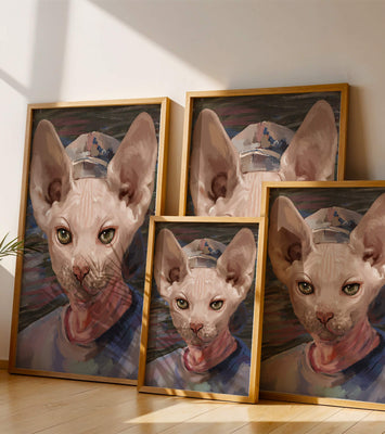 Painted portrait of a sphynx cat wearing a casual cap