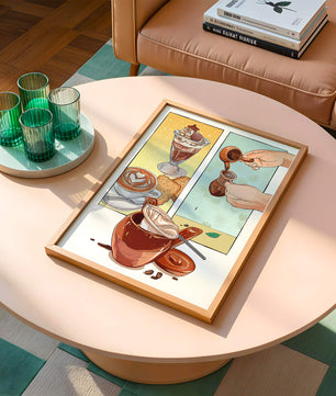 Ilustración artística de café y postre con detalles dorados