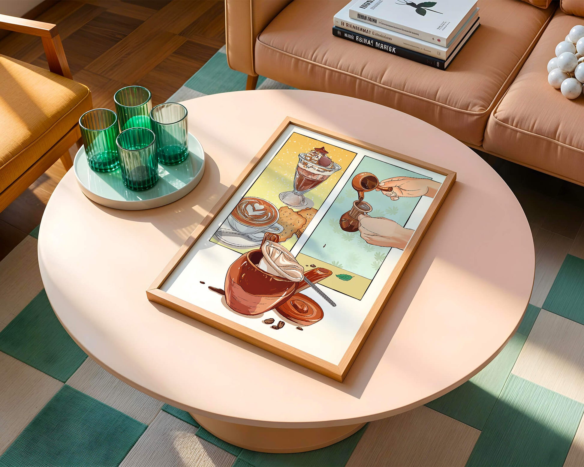 Ilustración artística de café y postre con detalles dorados