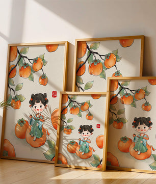 Illustration of a girl sitting on a persimmon surrounded by fruit and leaves