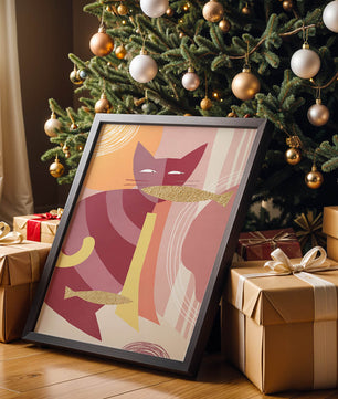 Abstract cat artwork with gold accents and colorful patterns