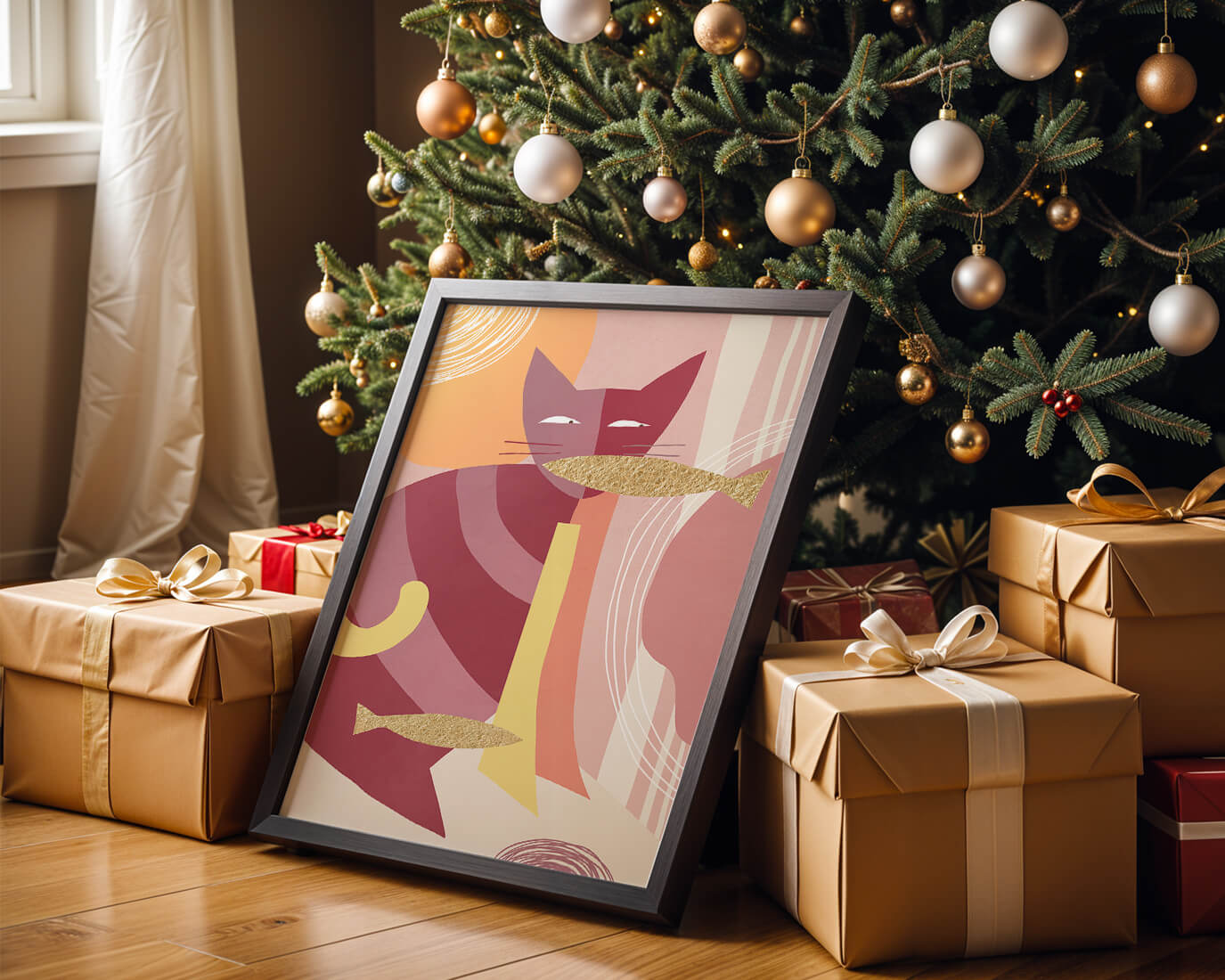 Abstract cat artwork with gold accents and colorful patterns